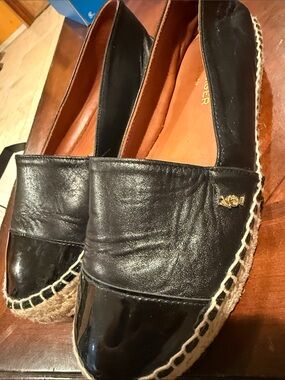 Kurt Geiger London Black Leather Espadrille Flats with Patent Toe - Women’s 40